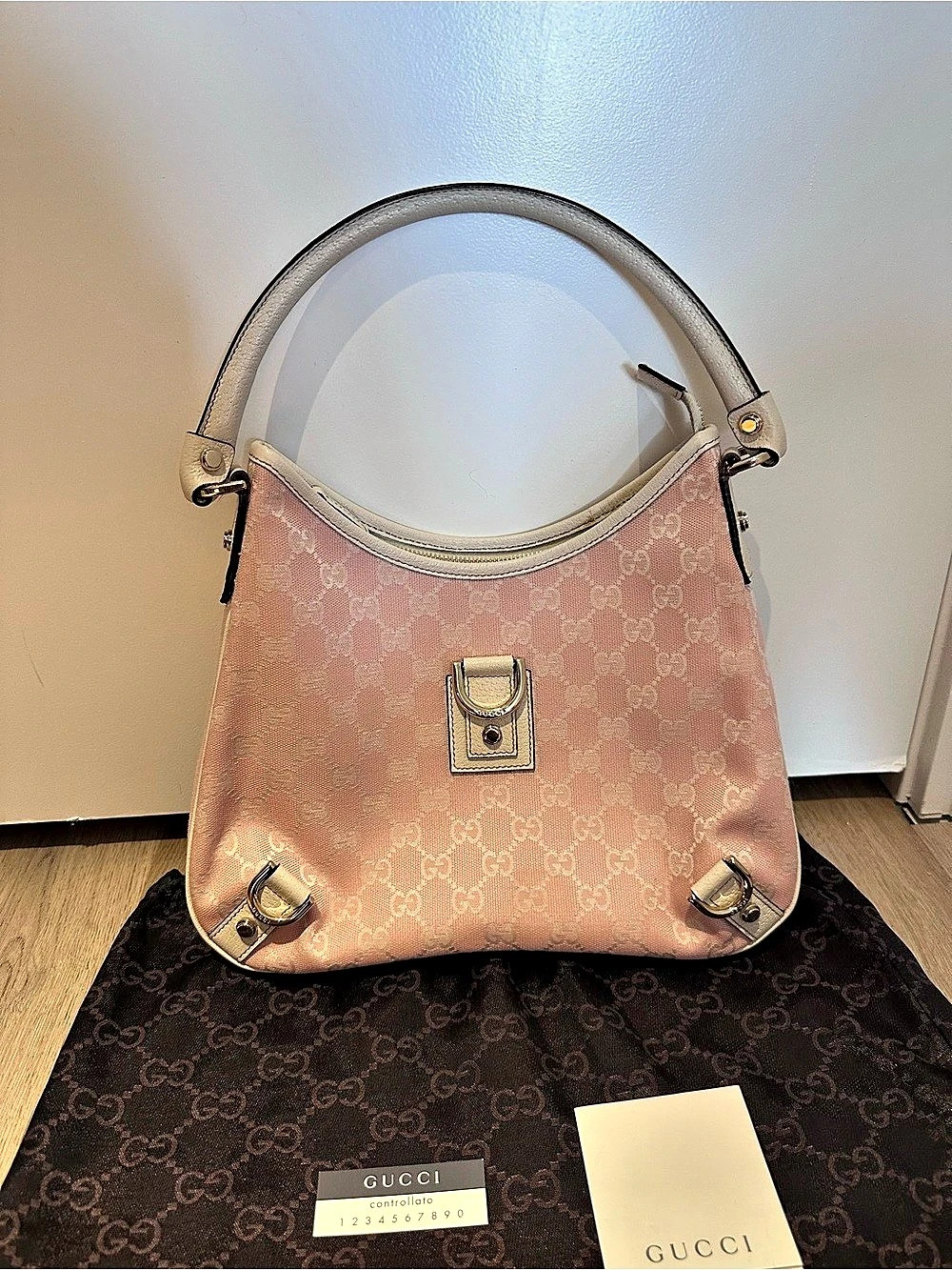 Gucci Abbey D-Ring Hobo Bag GG Canvas Pink & White